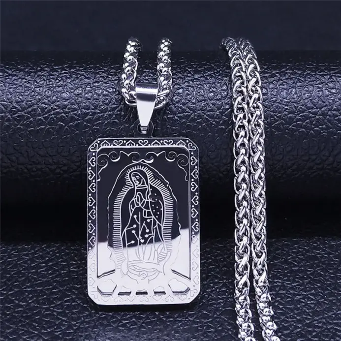 HNSP Collar con Colgante Cuadrado de la Virgen de Guadalupe en Acero Inoxidable, Joyería Religiosa Católica 2