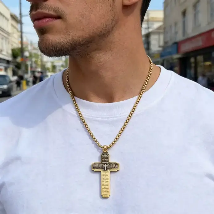 Collar con colgante de cruz HNSP para hombre, versículo bíblico, acero inoxidable 316L, joyería religiosa, amuleto cristiano 2