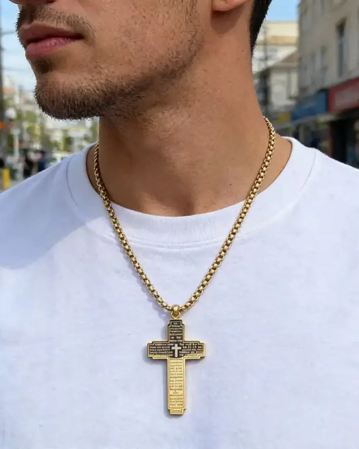Collar con colgante de cruz HNSP para hombre, versículo bíblico, acero inoxidable 316L, joyería religiosa, amuleto cristiano 2