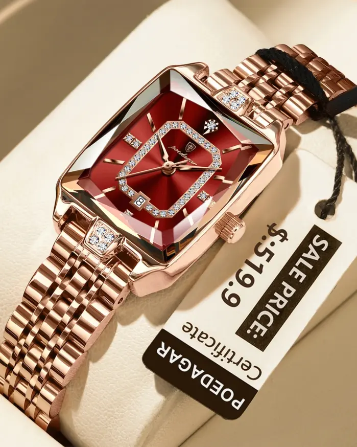 POEDAGAR Reloj elegante de lujo para mujer, Reloj rectangular resistente al agua con fecha para mujer, relojes de cuarzo de acero inoxidable para mujer, Reloj femenino 1