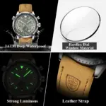 POEDAGAR, reloj de moda de alta calidad para hombre, cronógrafo, calendario luminoso resistente al agua, reloj de pulsera para hombre, relojes de cuarzo de cuero para hombre + caja 4