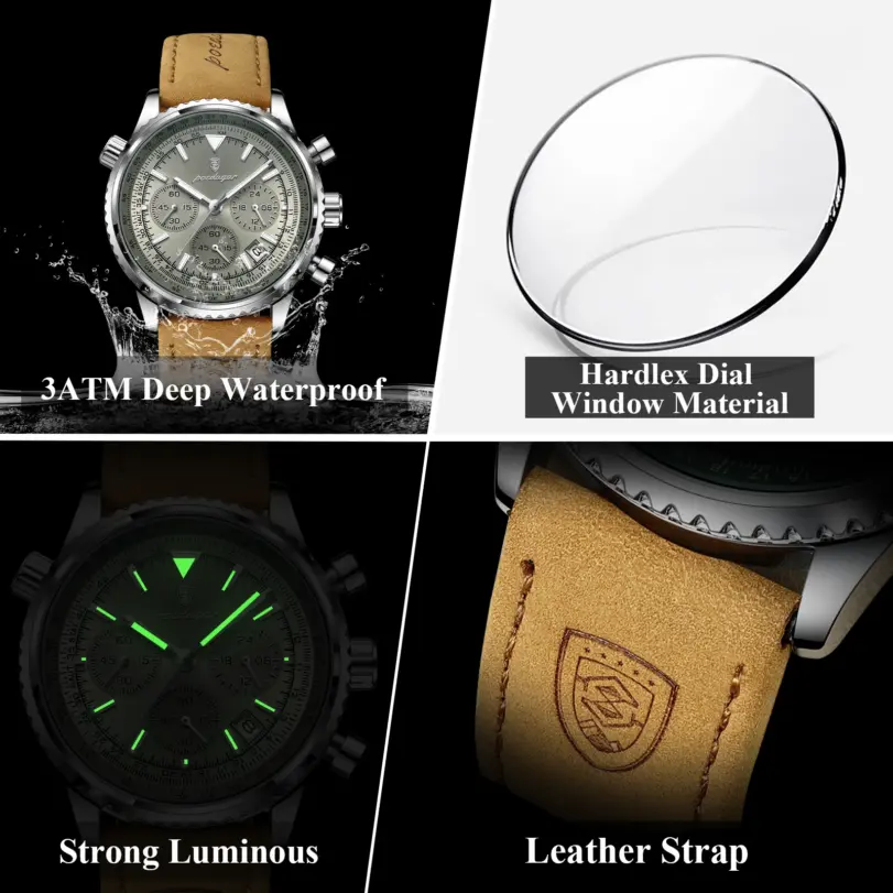 POEDAGAR, reloj de moda de alta calidad para hombre, cronógrafo, calendario luminoso resistente al agua, reloj de pulsera para hombre, relojes de cuarzo de cuero para hombre + caja 4