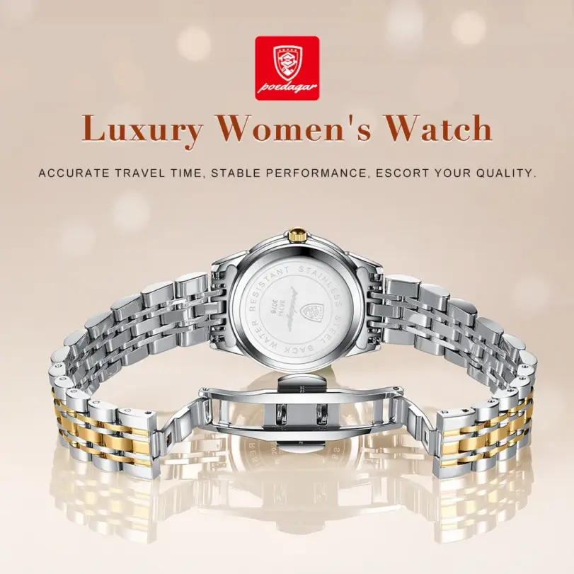 POEDAGAR, reloj de pulsera de lujo para mujer, luminoso, resistente al agua, fecha, semana, relojes de vestir para mujer, reloj de acero inoxidable para mujer, reloj de cuarzo + caja 4
