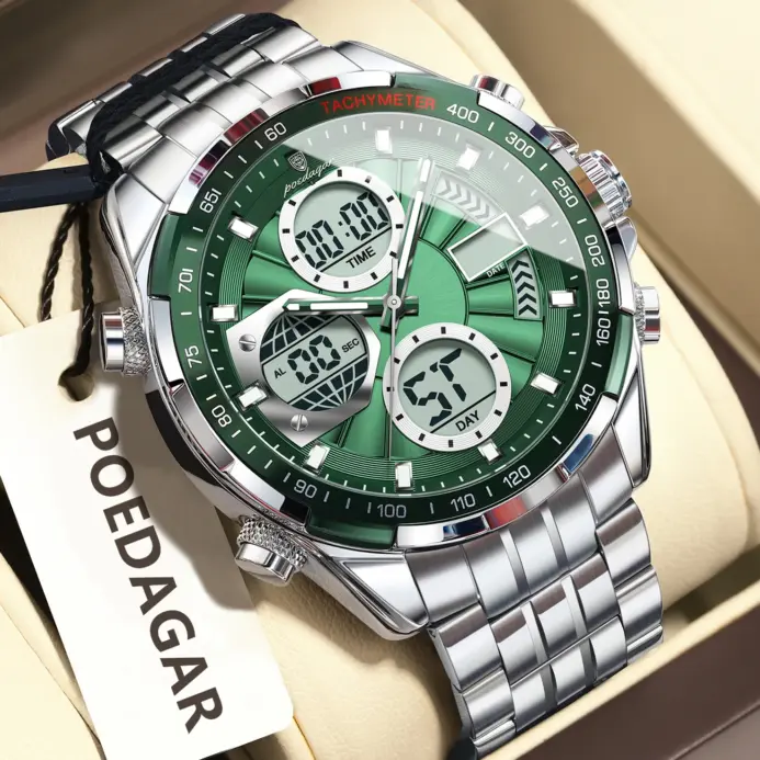 Reloj POEDAGAR Top para hombre, relojes electrónicos LED impermeables de lujo para hombre, reloj de cuarzo Digital de acero inoxidable con pantalla de doble horario para hombre 1