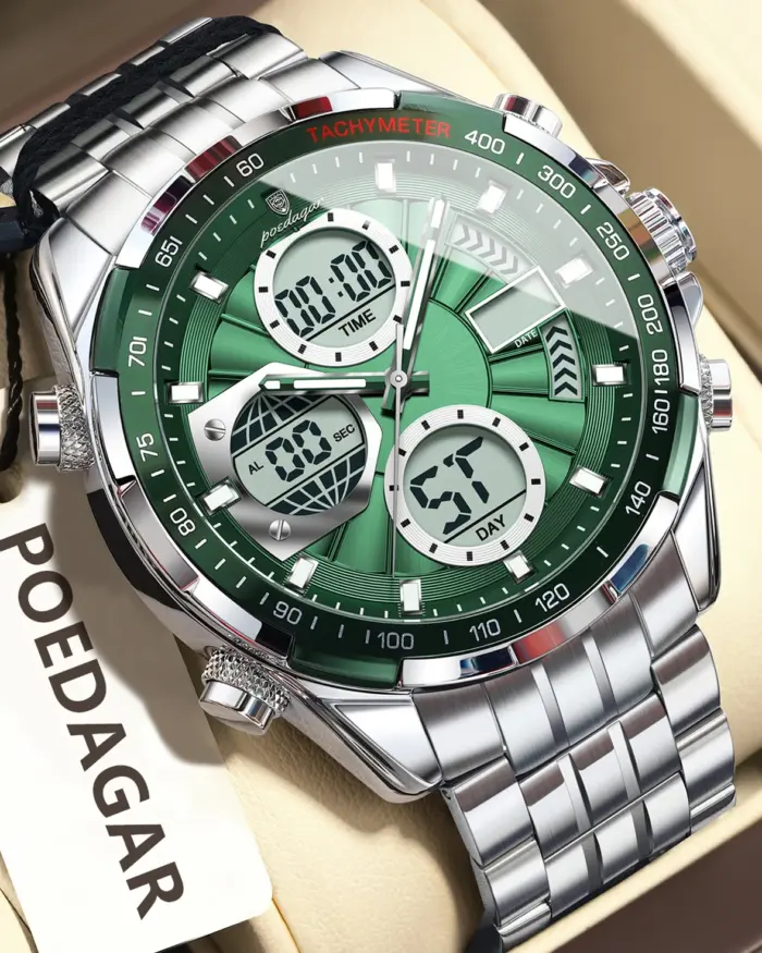 Reloj POEDAGAR Top para hombre, relojes electrónicos LED impermeables de lujo para hombre, reloj de cuarzo Digital de acero inoxidable con pantalla de doble horario para hombre 1