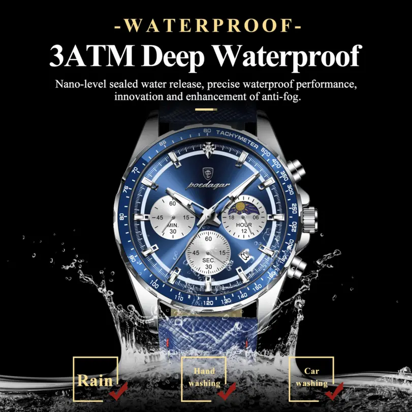 Reloj POEDAGAR Original de lujo para hombre, Reloj luminoso resistente al agua con cronógrafo y fecha para hombre, relojes de cuarzo de cuero para hombre 2