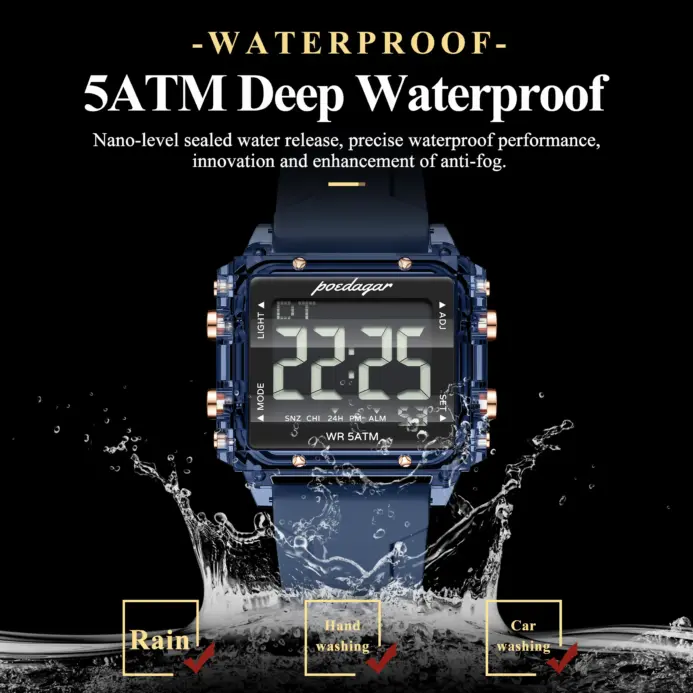 Reloj Deportivo POEDAGAR de Moda para Hombre, Resistente al Agua, con Fecha, Semana y Alarma, Correa de Silicona, Reloj de Pulsera Electrónico LED para Hombre 2