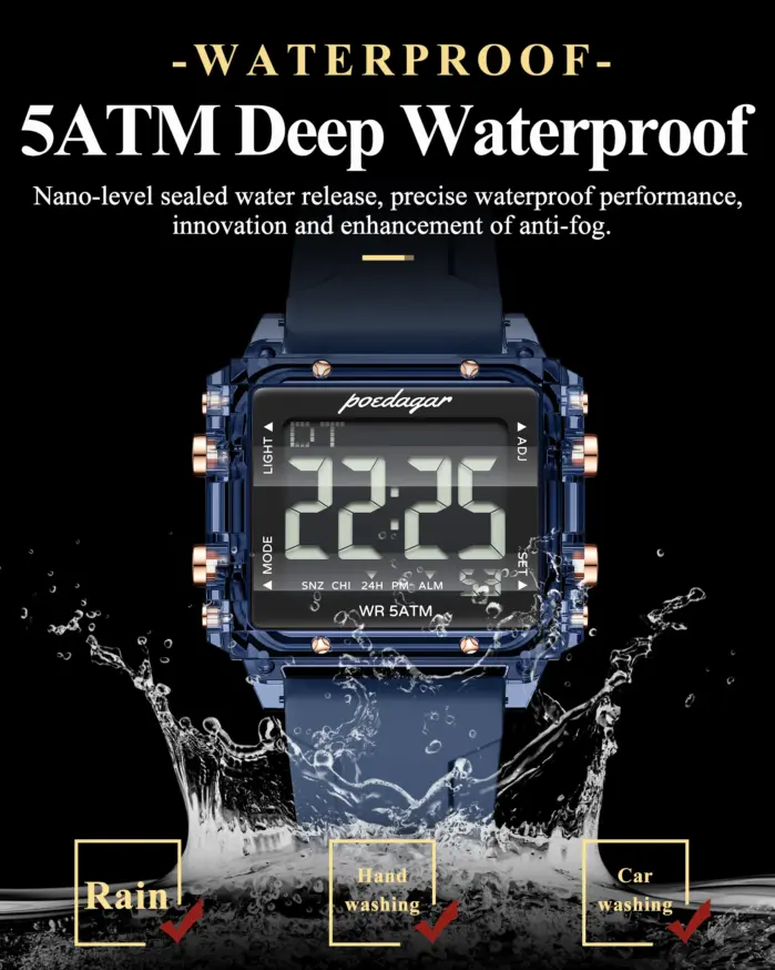 Reloj Deportivo POEDAGAR de Moda para Hombre, Resistente al Agua, con Fecha, Semana y Alarma, Correa de Silicona, Reloj de Pulsera Electrónico LED para Hombre 2