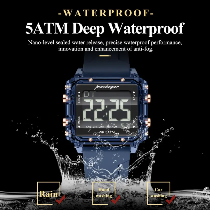 Reloj Deportivo POEDAGAR de Moda para Hombre, Resistente al Agua, con Fecha, Semana y Alarma, Correa de Silicona, Reloj de Pulsera Electrónico LED para Hombre 2