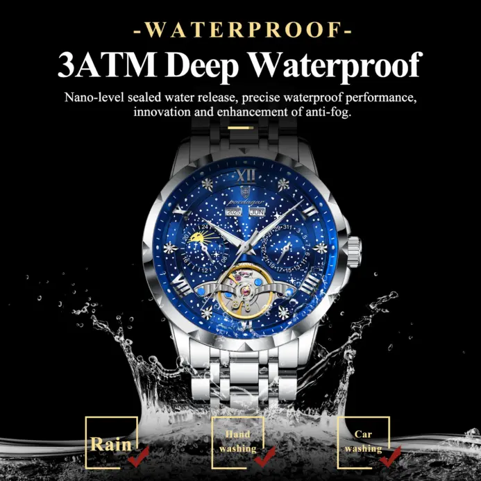 Reloj POEDAGAR Original superior para hombre, relojes mecánicos automáticos de acero inoxidable para hombre, calendario Tourbillon hueco, reloj para hombre + caja 2