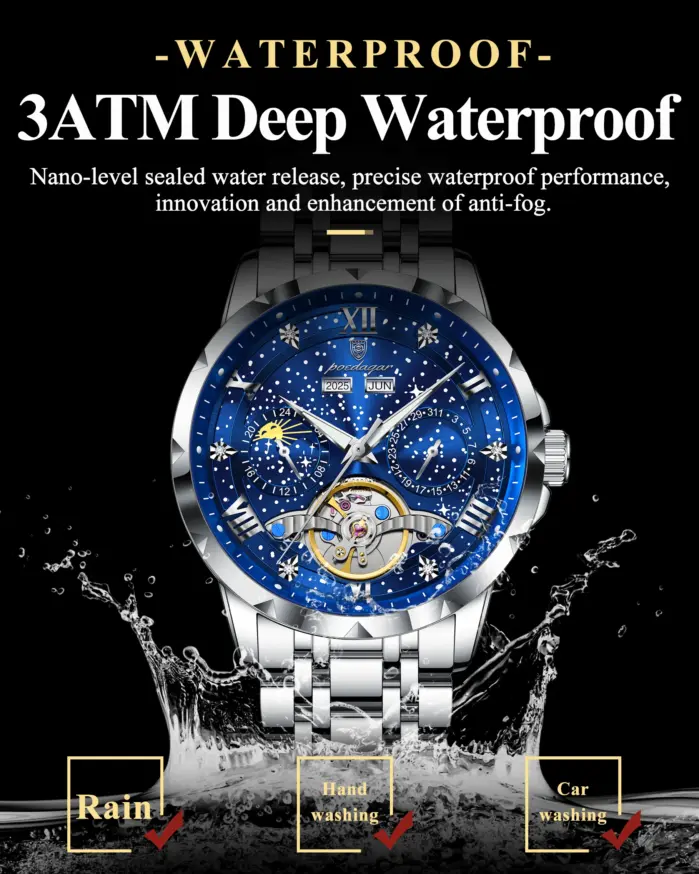 Reloj POEDAGAR Original superior para hombre, relojes mecánicos automáticos de acero inoxidable para hombre, calendario Tourbillon hueco, reloj para hombre + caja 2