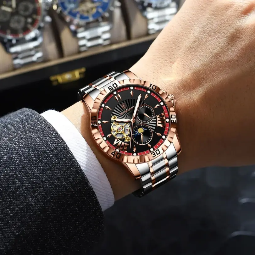 Reloj POEDAGAR de lujo para hombre, Tourbillon hueco, reloj mecánico automático para hombre, relojes luminosos impermeables de acero inoxidable para hombre + caja 5
