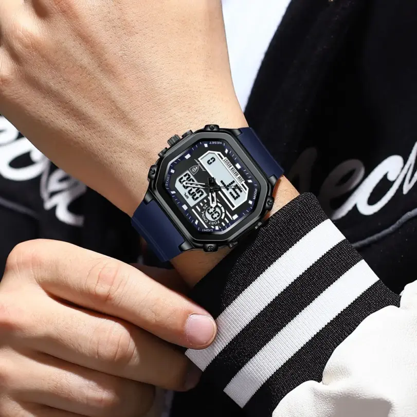 Reloj deportivo LED POEDAGAR para hombre, pantalla de doble horario, reloj Digital de semana con fecha cuadrada para hombre, correa de silicona electrónica, relojes de cuarzo para hombre 6