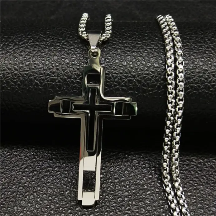 HNSP-collar con cruz hueca de acero inoxidable, colgante de cadena para hombres y mujeres, accesorios de joyería religiosa 2