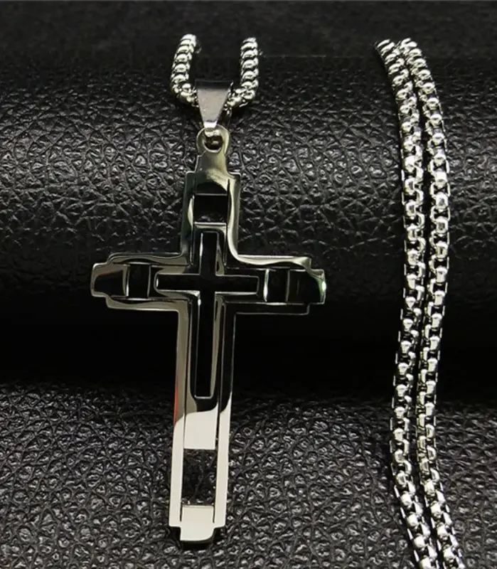 HNSP-collar con cruz hueca de acero inoxidable, colgante de cadena para hombres y mujeres, accesorios de joyería religiosa 2