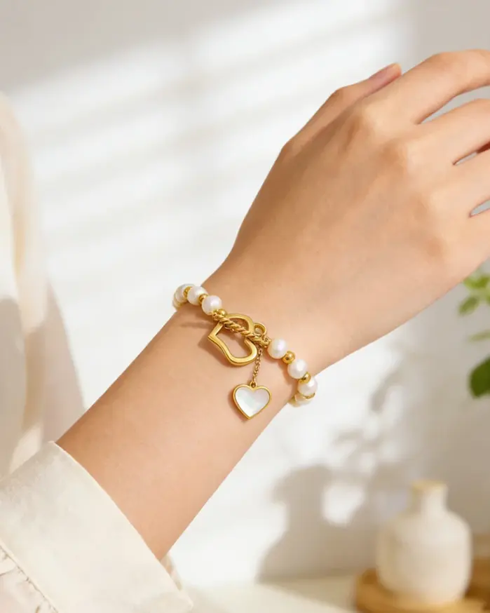Pulsera MamacitaSlay de Acero Inoxidable 316L con Corazón de Concha de Perla y Cierre OT, Chapada en Oro de 18K, Resistente al Agua, Joyería Elegante para Mujer 2