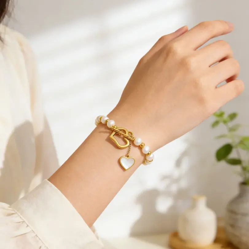 Pulsera MamacitaSlay de Acero Inoxidable 316L con Corazón de Concha de Perla y Cierre OT, Chapada en Oro de 18K, Resistente al Agua, Joyería Elegante para Mujer 2