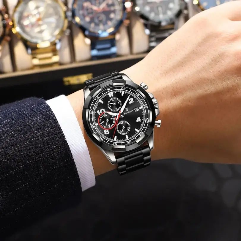 POEDAGAR, reloj Original superior para hombre con fecha, cronógrafo luminoso resistente al agua, reloj para hombre, relojes militares de cuarzo de acero inoxidable para hombre 5