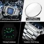 POEDAGAR, reloj cuadrado de lujo para hombre, resistente al agua, luminoso, con fecha, semana, reloj para hombre, relojes de cuarzo informales de acero inoxidable a la moda para hombre 4