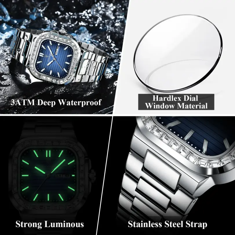 POEDAGAR, reloj cuadrado de lujo para hombre, resistente al agua, luminoso, con fecha, semana, reloj para hombre, relojes de cuarzo informales de acero inoxidable a la moda para hombre 4