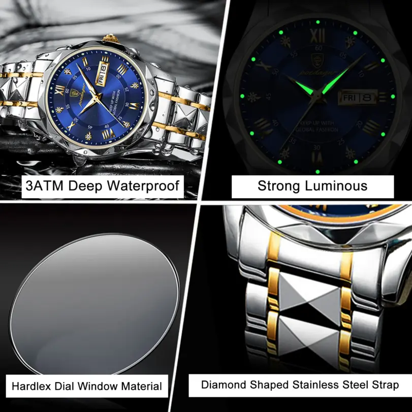 Reloj de pulsera POEDAGAR de lujo para hombre, reloj luminoso resistente al agua con fecha y semana para hombre, relojes de acero inoxidable para hombre, reloj deportivo de cuarzo para hombre 4