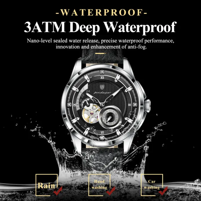 Reloj de pulsera deportivo original POEDAGAR para hombre, reloj de moda con tourbillon hueco, reloj automático mecánico de cuero para hombre, reloj + caja 2