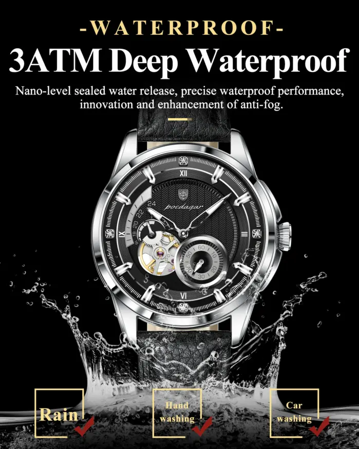 Reloj de pulsera deportivo original POEDAGAR para hombre, reloj de moda con tourbillon hueco, reloj automático mecánico de cuero para hombre, reloj + caja 2