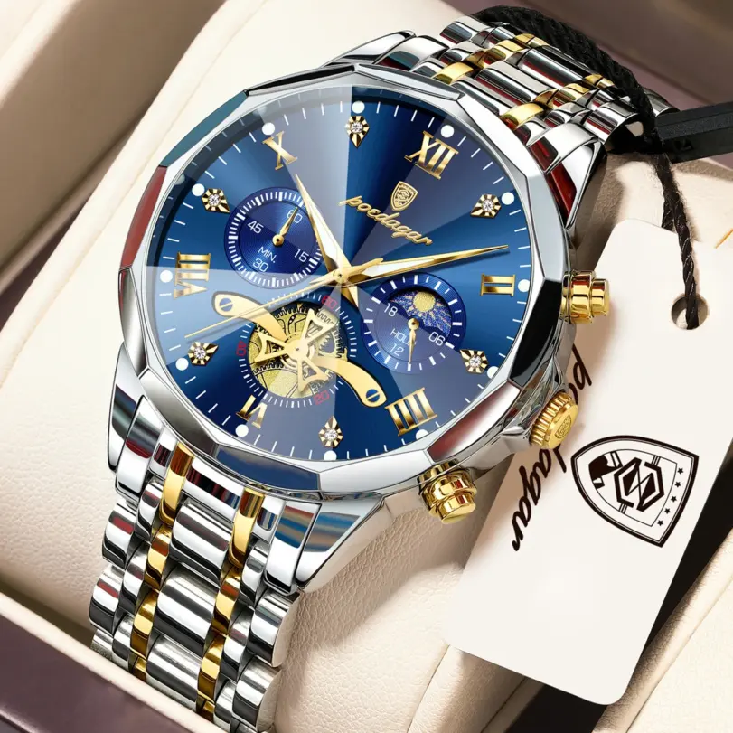 Reloj deportivo POEDAGAR para hombre, luminoso, resistente al agua, cronógrafo, de lujo, de acero inoxidable, de cuarzo, para hombre. 1