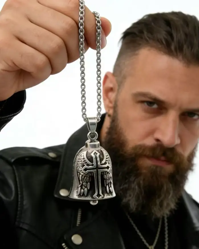 Collar con Colgante de Campana Vikinga de Acero Inoxidable 316L HNSP con Triángulo de Odín para Hombre, Joyería, Accesorios para Motocicleta, Regalo 2