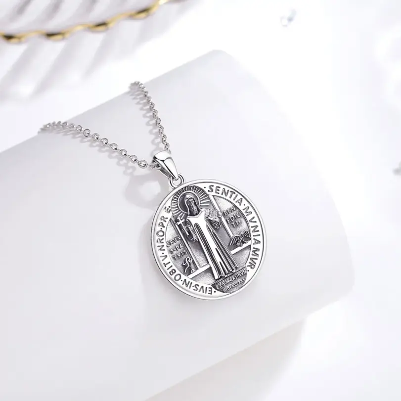 Original Plata de Ley 925 collar con medalla de San Benito Cruz amuleto colgante joyería religiosa regalo para hombre 3