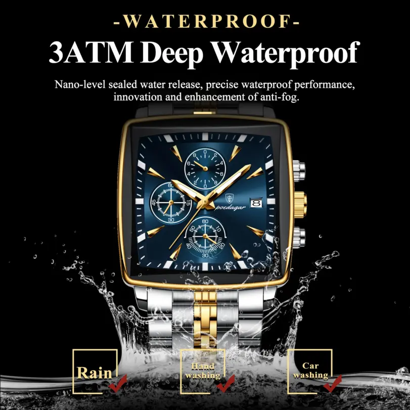 Reloj POEDAGAR a la moda para hombre, Reloj de pulsera luminoso resistente al agua con cronógrafo y fecha para hombre, Reloj cuadrado de cuarzo de acero inoxidable para hombre 3