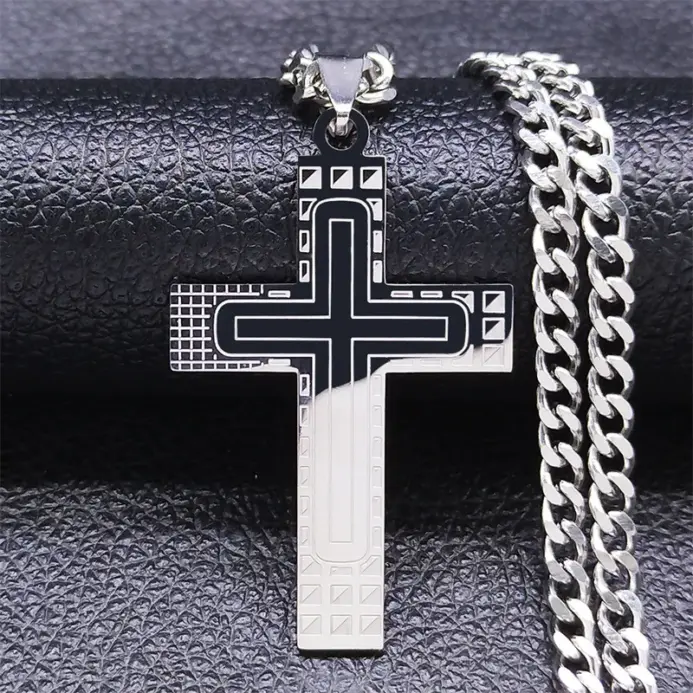 Collar con colgante de cruz de acero inoxidable HNSP 316L, cadena cubana para hombre, estilo minimalista, accesorios de joyería impermeables 1