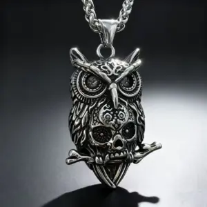 Collar con colgante de calavera de búho de acero inoxidable HNSP 316L para hombre, estilo punk gótico, accesorio de joyería para Halloween, regalo. 1