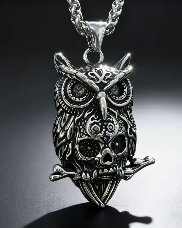 Collar con colgante de calavera de búho de acero inoxidable HNSP 316L para hombre, estilo punk gótico, accesorio de joyería para Halloween, regalo. 1
