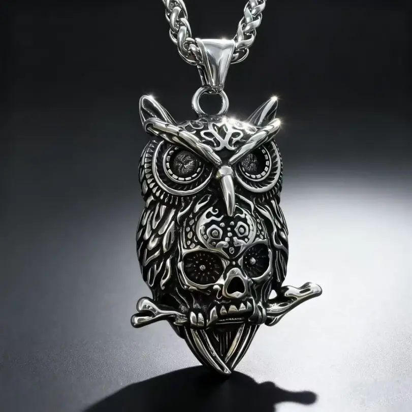 Collar con colgante de calavera de búho de acero inoxidable HNSP 316L para hombre, estilo punk gótico, accesorio de joyería para Halloween, regalo. 1