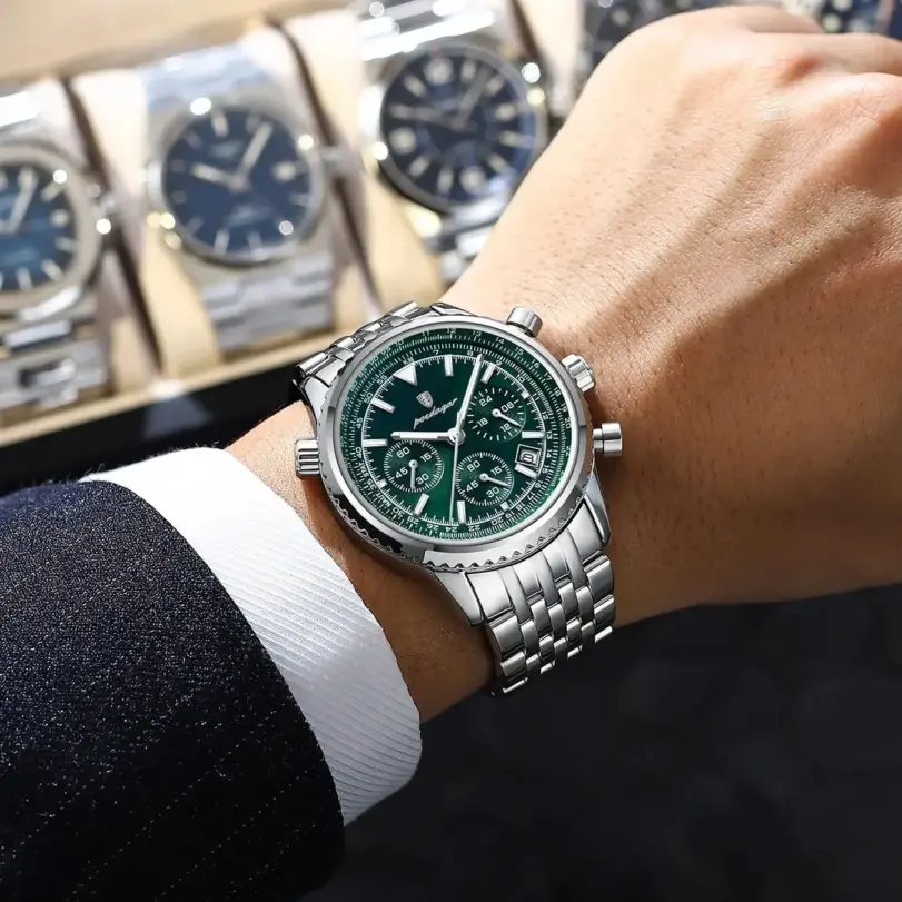 POEDAGAR, reloj militar de lujo para hombre, resistente al agua, luminoso, cronógrafo con fecha, reloj para hombre, relojes de cuarzo de acero inoxidable para negocios para hombre 6