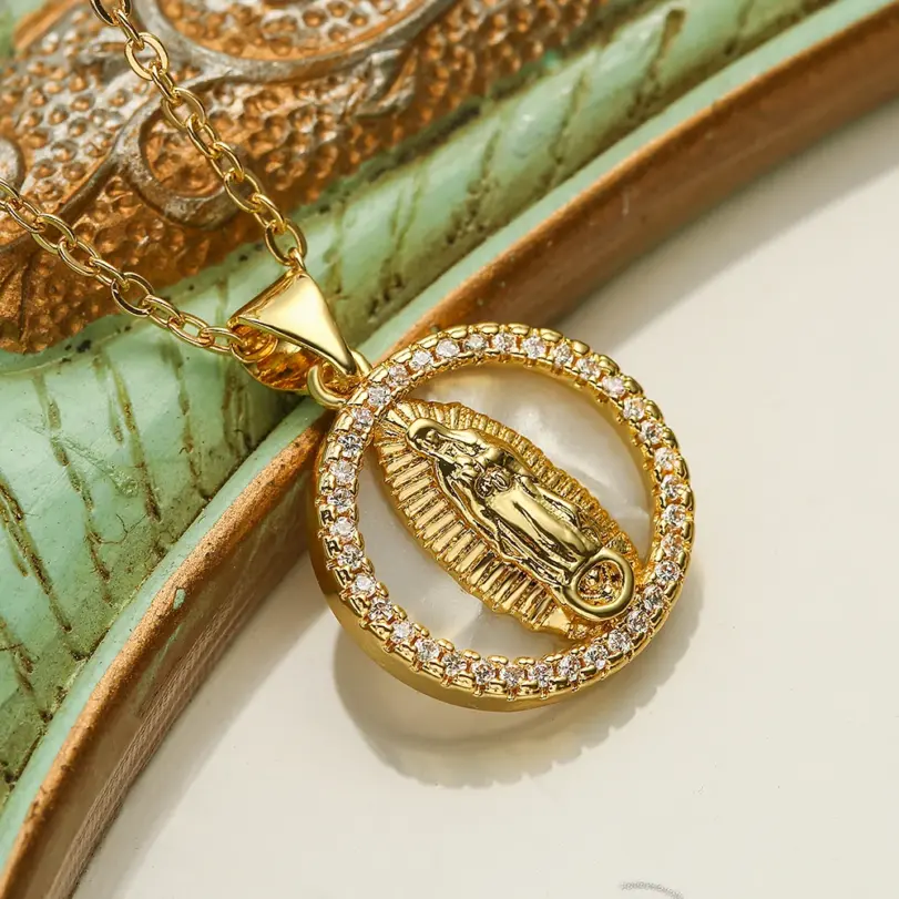 NEWBUY joyería religiosa de alta calidad para mujer, collar de cadena de acero inoxidable con incrustaciones de circonita cúbica de cobre, colgante de la Virgen María 4