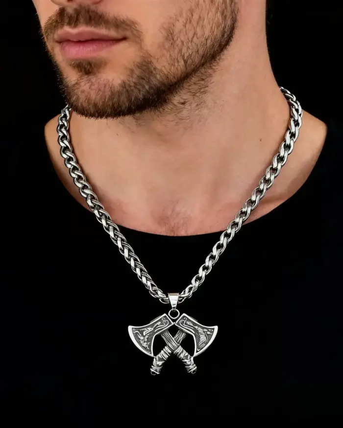 HNSP 316L Acero inoxidable Guerrero vikingo doble hacha colgante collar para hombres accesorio de joyería Vintage 2