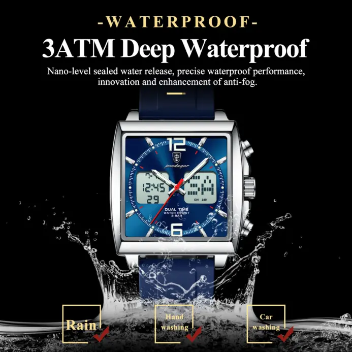 POEDAGAR, reloj de lujo para hombre, cronógrafo electrónico cuadrado con alarma LED, relojes para hombre, fecha semanal, pantalla de doble horario, reloj de cuarzo para hombre 2