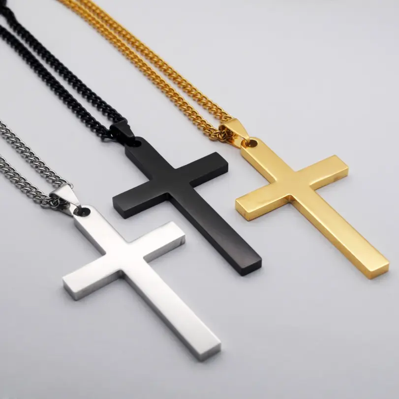 HNSP Collar con colgante de cruz de acero inoxidable 316L en blanco para grabar, accesorios de joyería religiosa de protección DIY 6