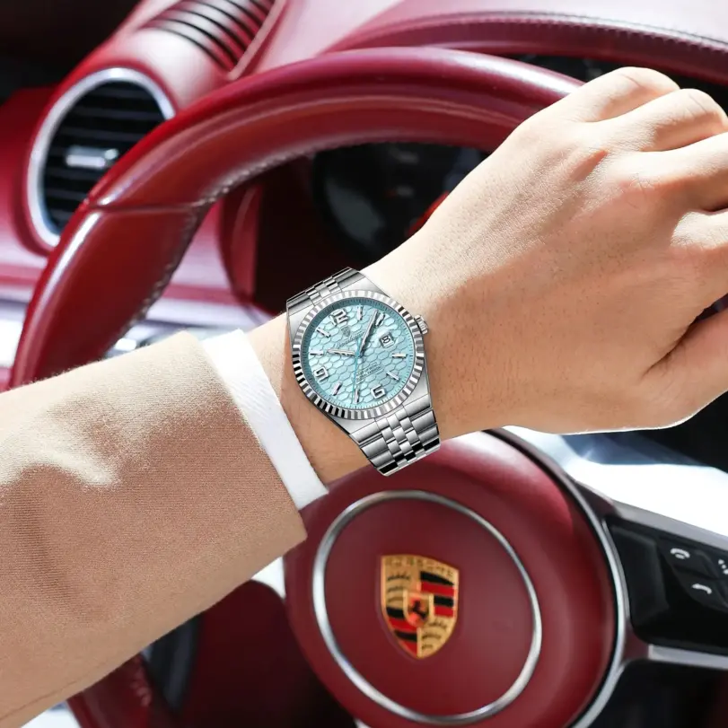 Reloj de pulsera POEDAGAR deportivo para hombre de negocios, Reloj luminoso resistente al agua de acero inoxidable para hombre, relojes de cuarzo de lujo con fecha para hombre, Reloj + caja 5