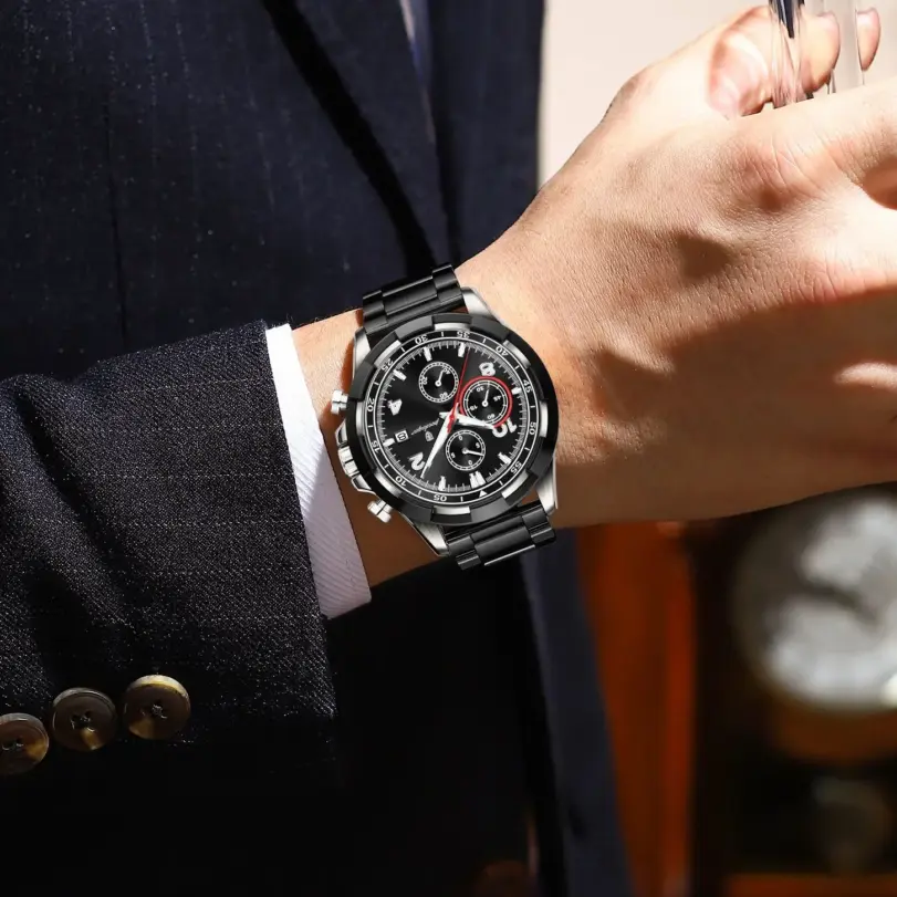 POEDAGAR, reloj Original superior para hombre con fecha, cronógrafo luminoso resistente al agua, reloj para hombre, relojes militares de cuarzo de acero inoxidable para hombre 6