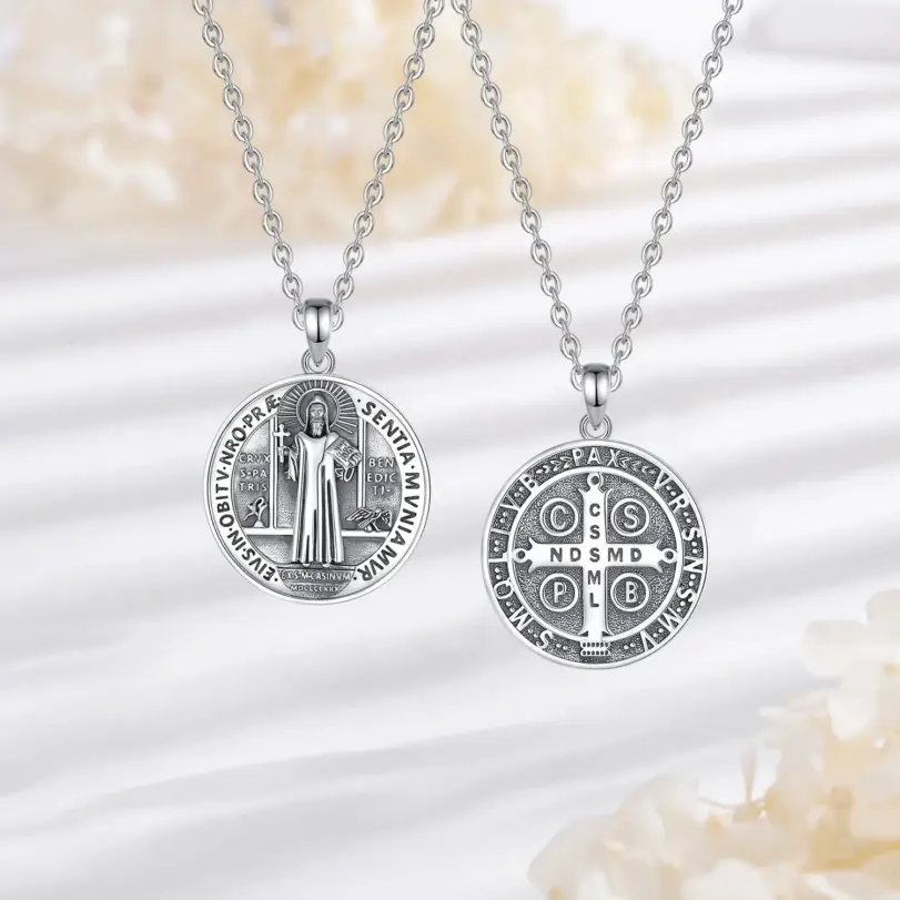 Original Plata de Ley 925 collar con medalla de San Benito Cruz amuleto colgante joyería religiosa regalo para hombre 4