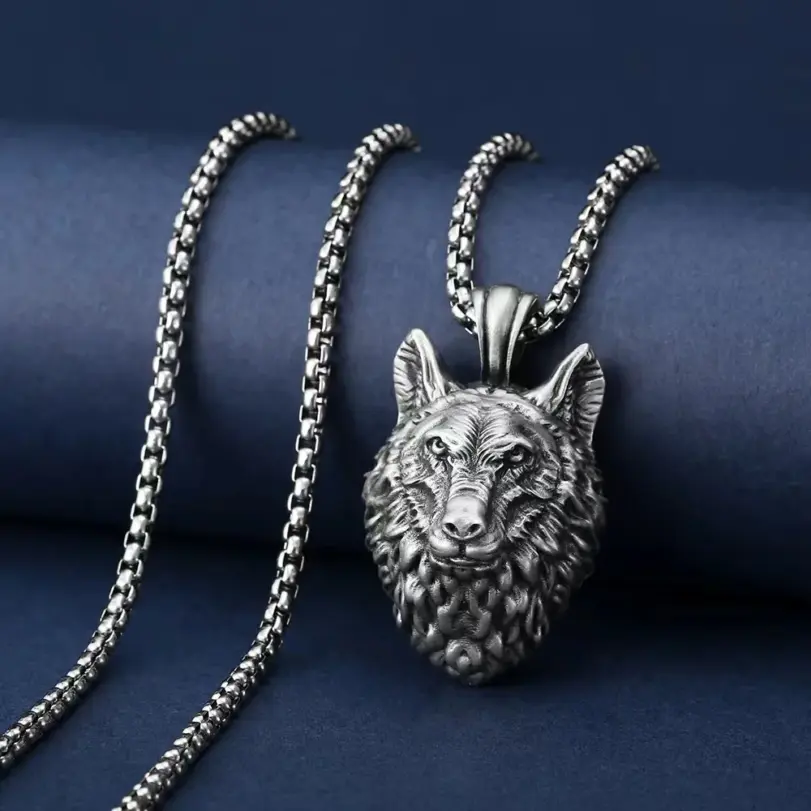 HNSP 316L Acero inoxidable vikingo cabeza de lobo colgante collar para hombres Punk gótico accesorios de joyería 6