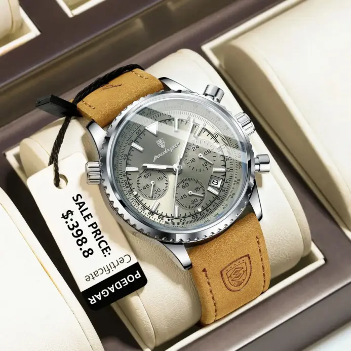 POEDAGAR, reloj de moda de alta calidad para hombre, cronógrafo, calendario luminoso resistente al agua, reloj de pulsera para hombre, relojes de cuarzo de cuero para hombre + caja 1