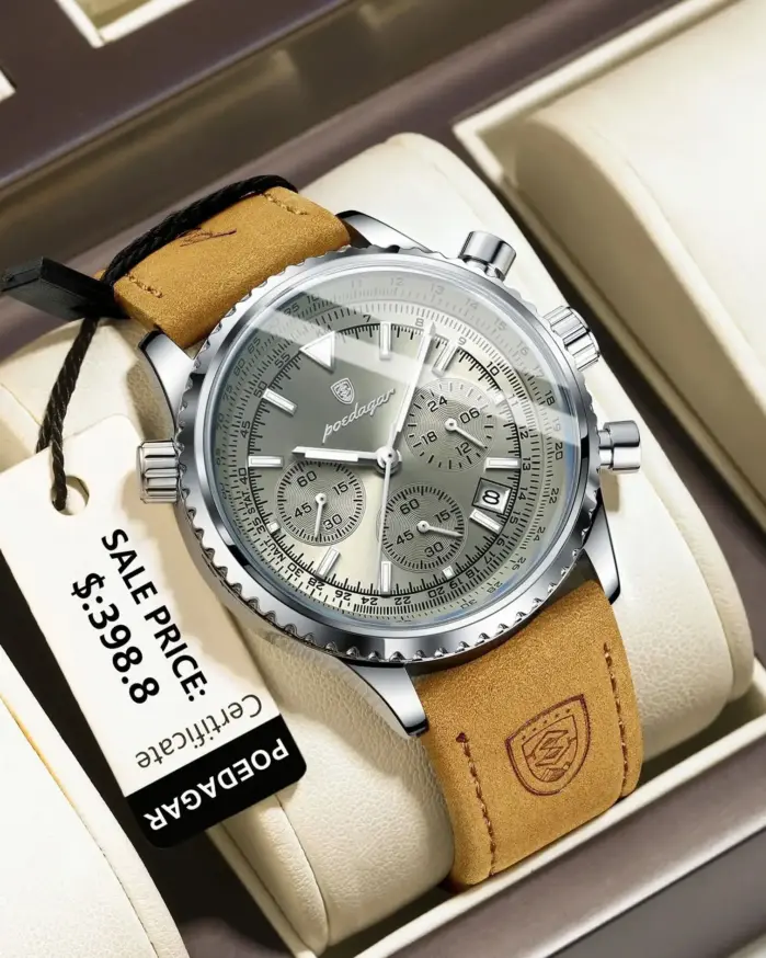 POEDAGAR, reloj de moda de alta calidad para hombre, cronógrafo, calendario luminoso resistente al agua, reloj de pulsera para hombre, relojes de cuarzo de cuero para hombre + caja 1