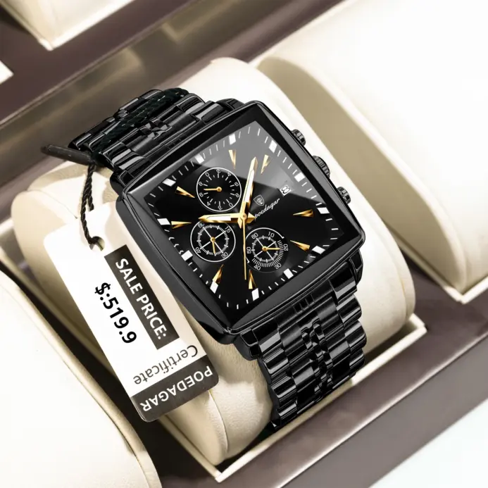 Reloj POEDAGAR de negocios para hombre, Reloj resistente al agua con calendario luminoso, cronógrafo cuadrado para hombre, relojes de cuarzo de acero inoxidable para hombre 2