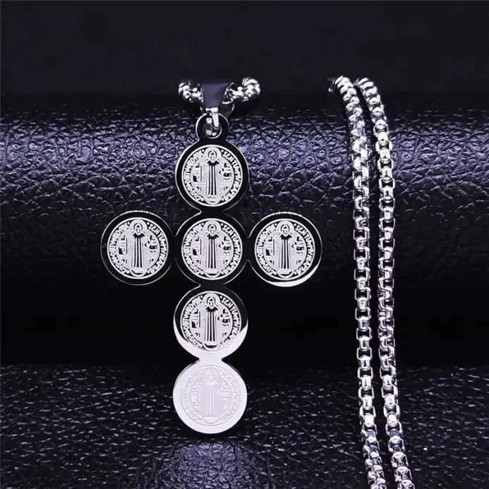 Collar con colgante de cruz de San Benito de acero inoxidable HNSP para hombres y mujeres, joyería, accesorio exorcista, regalos. 2