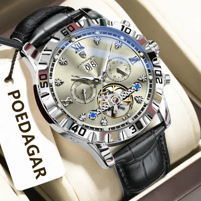 POEDAGAR, reloj de pulsera a la moda para hombre, Tourbillon hueco de lujo, fecha luminosa, semana, reloj para hombre, relojes mecánicos automáticos de cuero para hombre 1