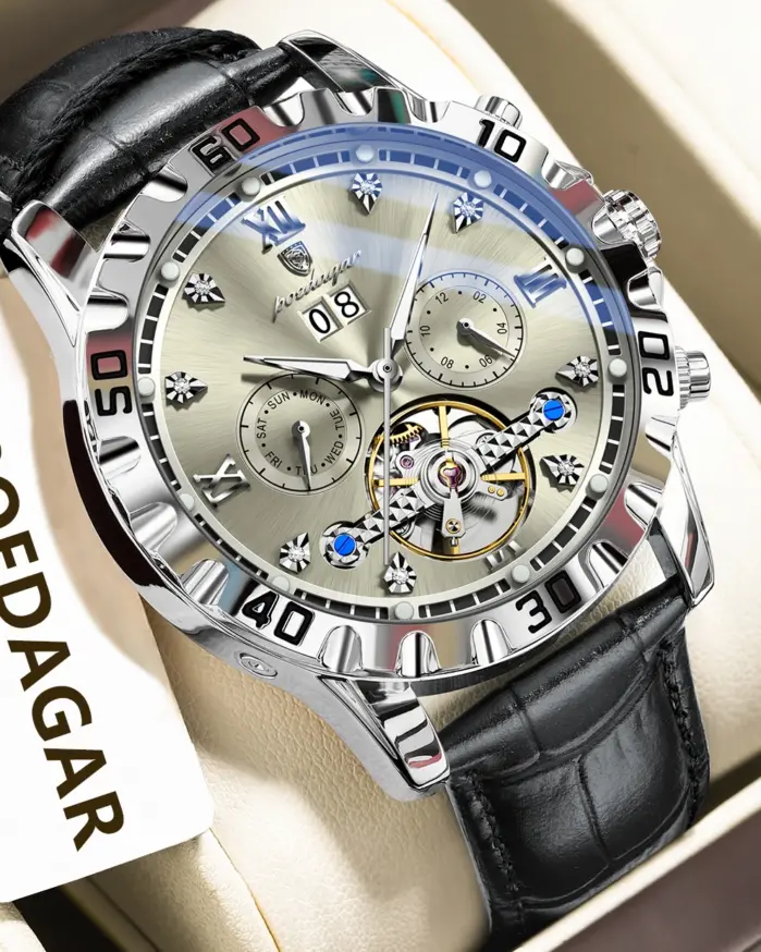 POEDAGAR, reloj de pulsera a la moda para hombre, Tourbillon hueco de lujo, fecha luminosa, semana, reloj para hombre, relojes mecánicos automáticos de cuero para hombre 1